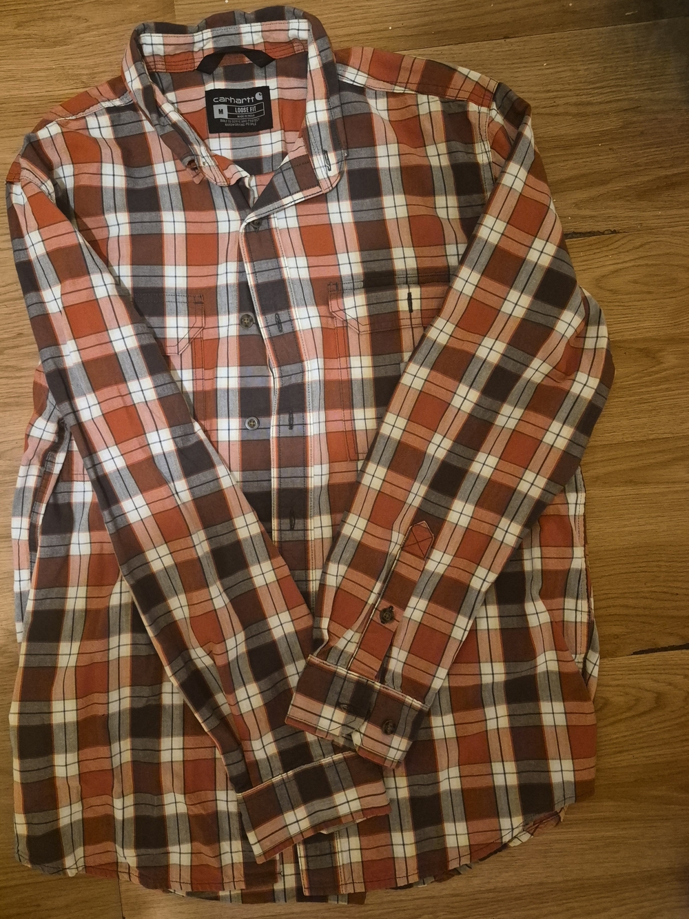 Carhartt Men's Orange, Brown & White Plaid Button-Down Shirt